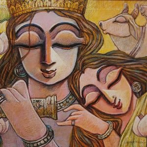 silent love-v Mixed Med On Canvas , Radha-Krishn painting